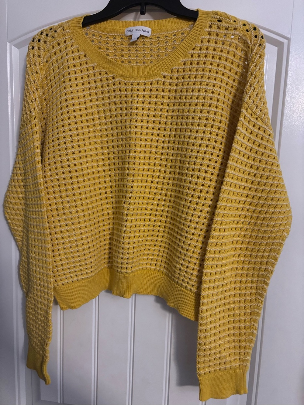 Calvin Klein Jeans Women's Bright Yellow Open-Knit Crewneck Sweater